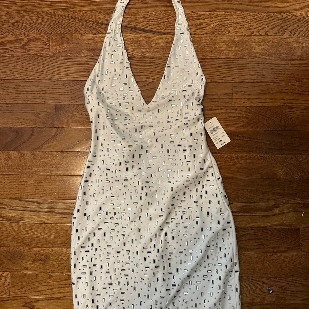 Windsor White Backless Halter Dress with Silver Accents